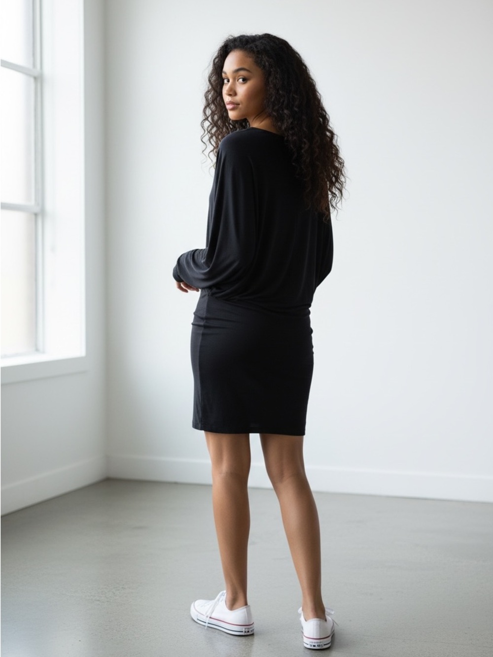 VENUS Black Mini Dress with Long Dolman Sleeves